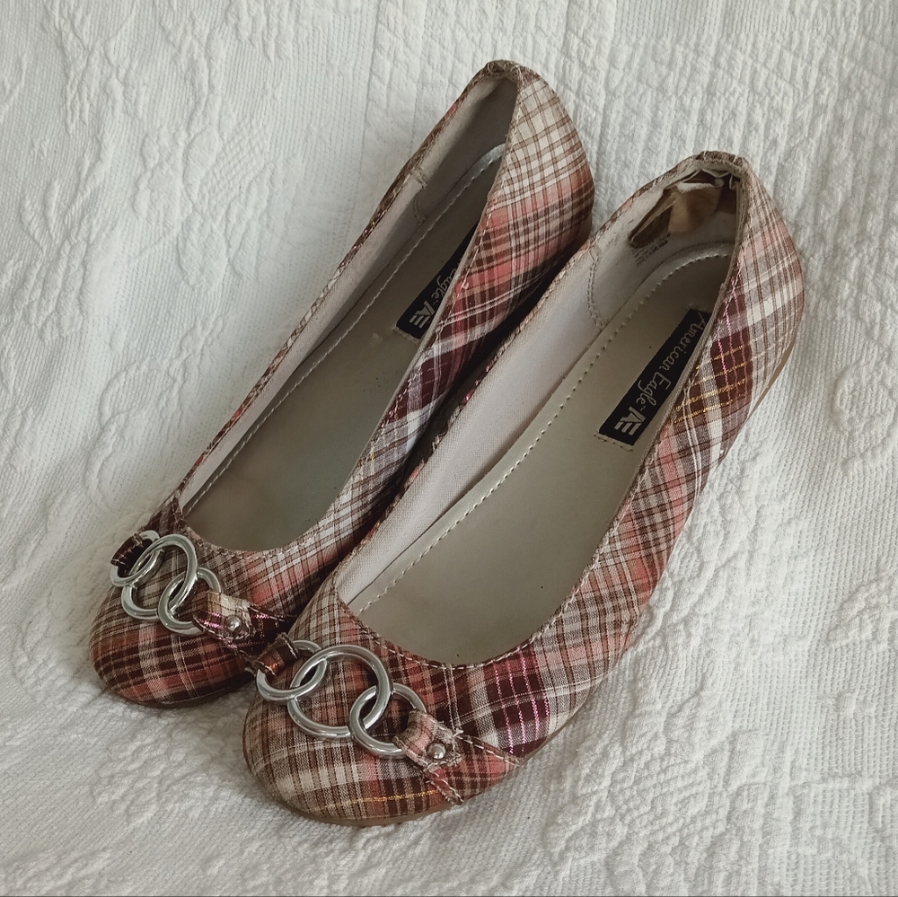 American Eagle Outfitters Pink Plaid Flats Silver Buckles Sparkly Flats School - Picture 14 of 14
